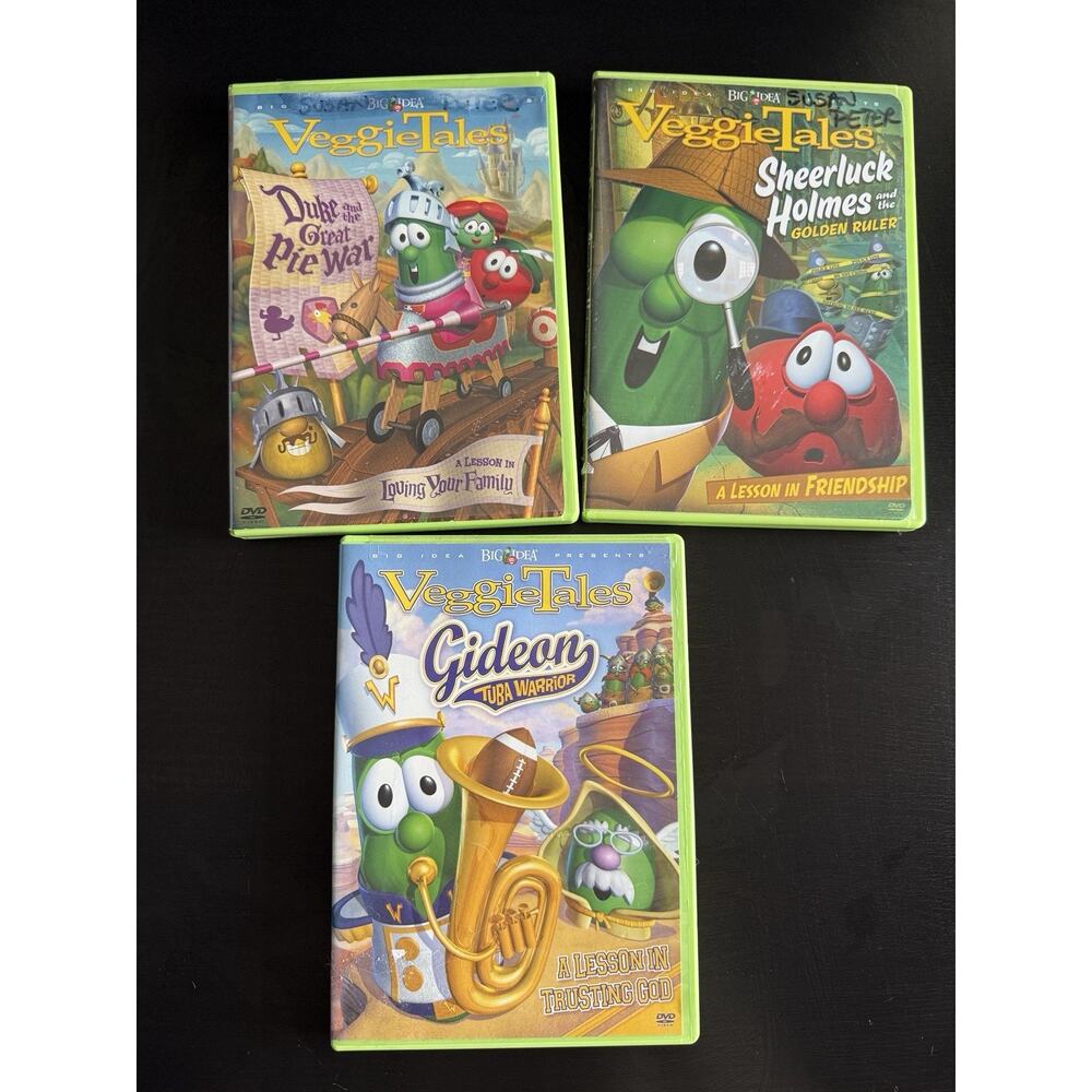 VeggieTales DVD Lot Gideon Tuba Warrior/Sheerluck Holmes/Duke Pie War